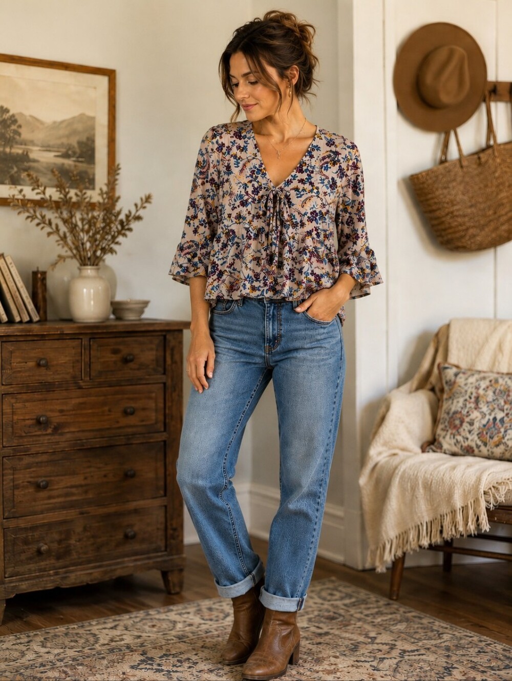 Xhilaration Medium Paisley Floral Tie Front Blouse Boho Peplum Bell Sleeve Y2K